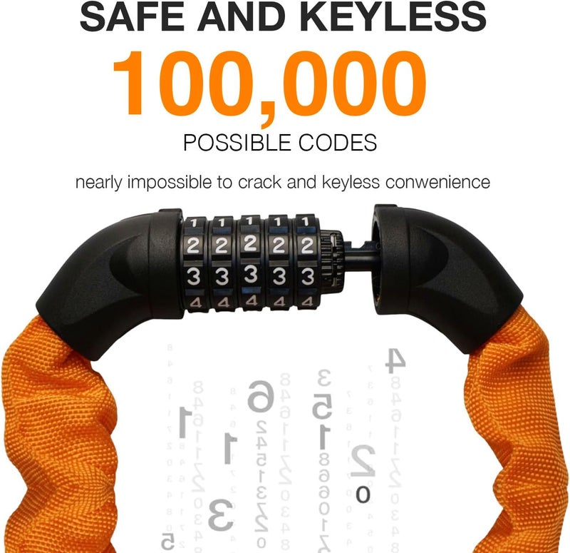 Rifarter Bike Lock Chain Heavy Duty, 5 Digit Combination Anti-Theft Bicycle Lock, 3.2 Feet Long Security Resettable Bike Locks for Road, Mountain Bike, Scooter, Motorcycle, Door, Gate, Fence, Orange - Image 2